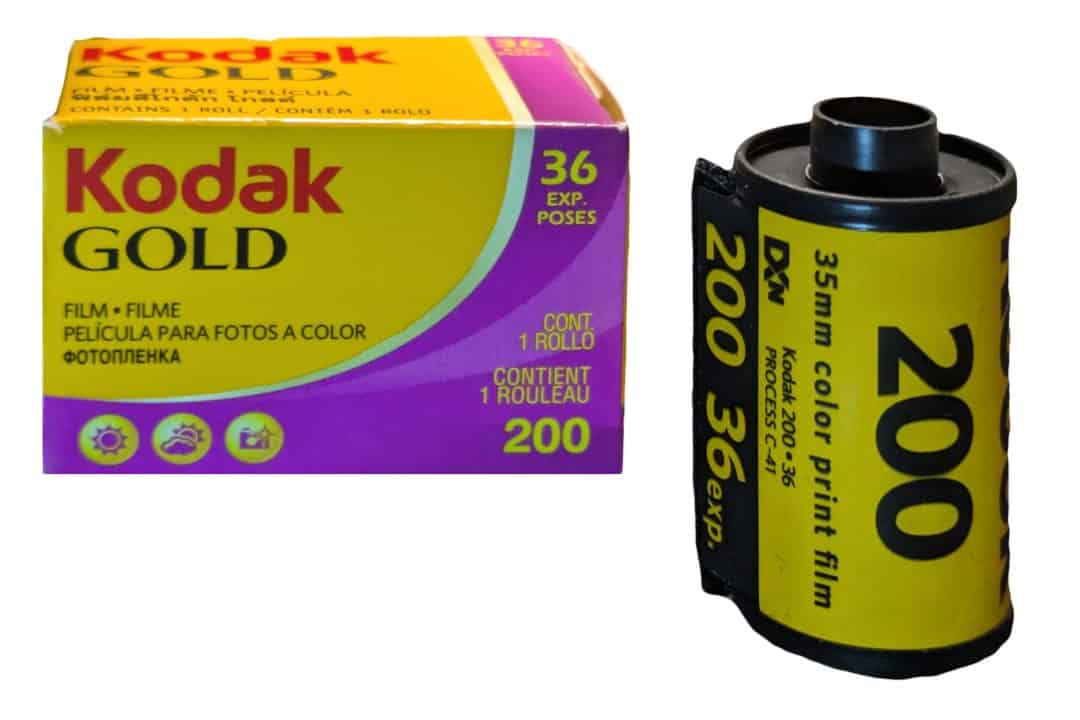 Kodak Gold 200 35mm film cartridge and box